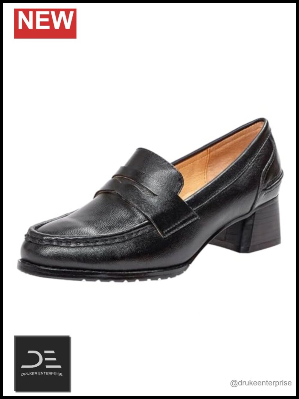 Women's Leather Chunky Heel Loafer Pumps Office Shoes